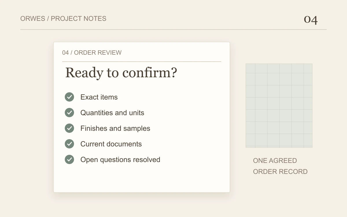Illustration of an order review checklist with drawings and labelled material selections.