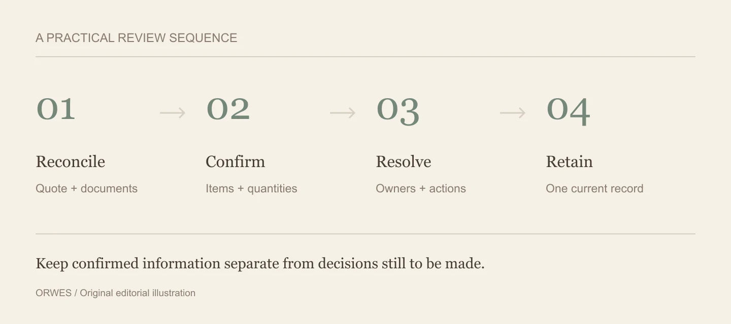 Pre-order review diagram: reconcile the quotation, confirm quantities and finishes, resolve questions and retain the record.