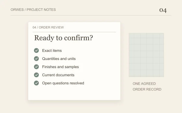 Illustration of an order review checklist with drawings and labelled material selections.