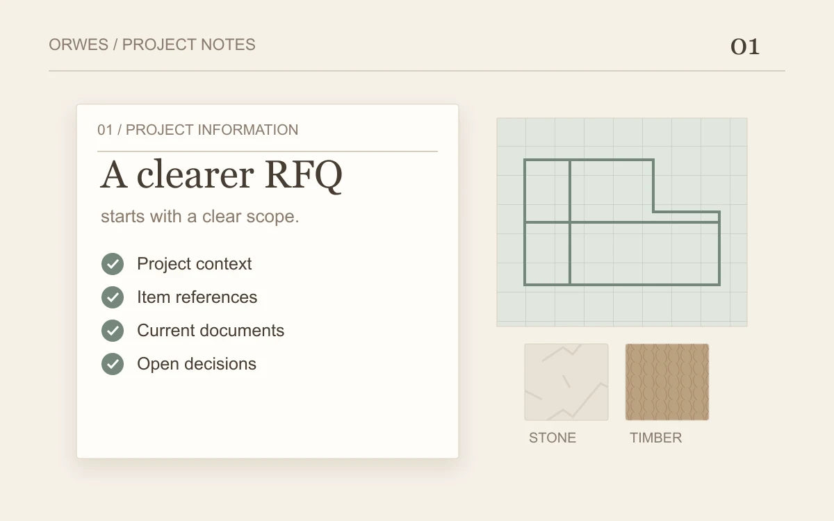 Illustration of a material schedule, drawing register and colour samples arranged for an RFQ.