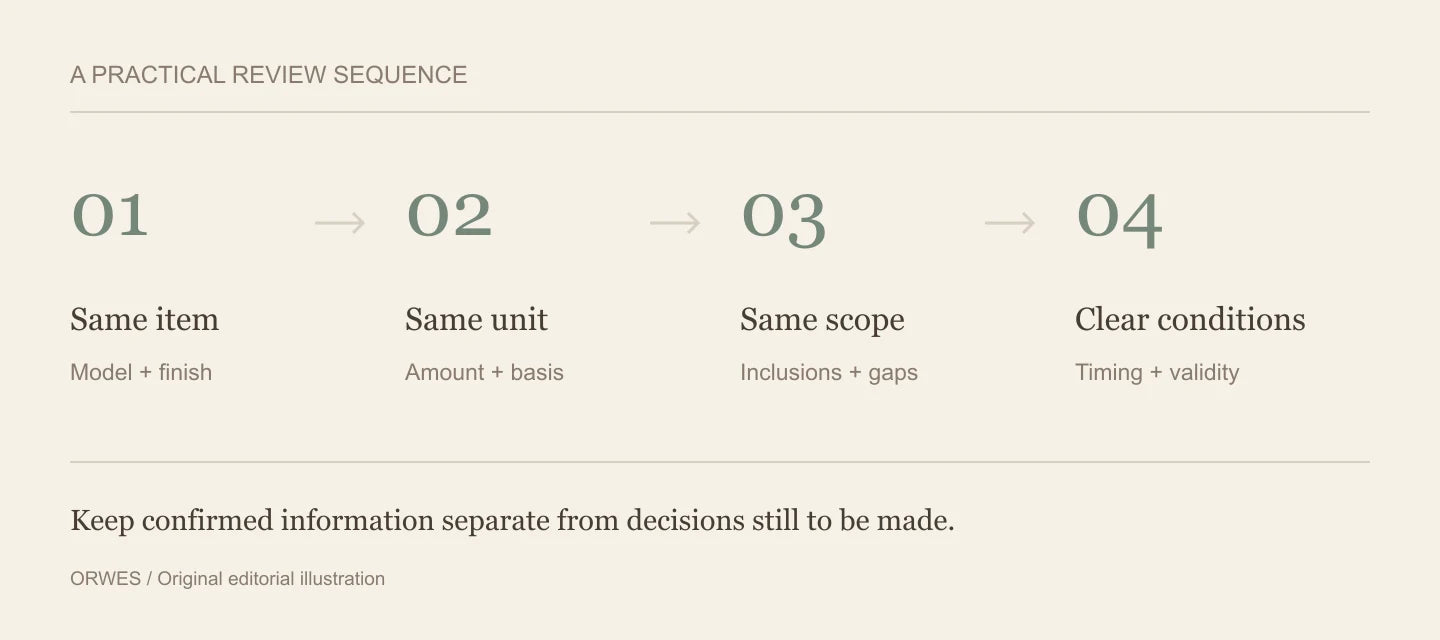 Quote comparison diagram showing product specification, pricing unit, supply scope and conditions as four separate checks.