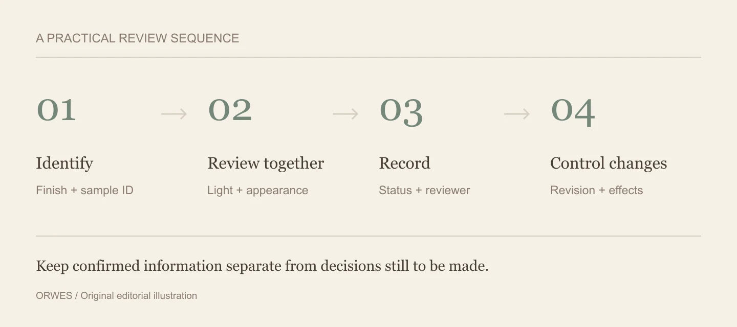 Finish review diagram: identify, compare samples together, record the decision and control changes.