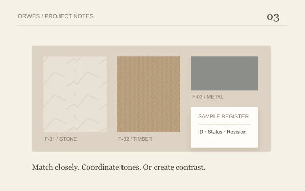 Illustration of stone, timber and metal colour samples with finish reference labels.
