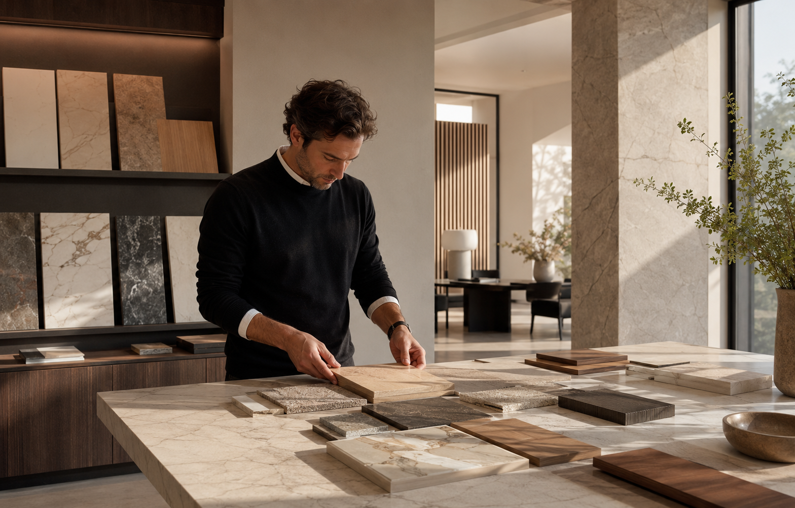 Stone and timber samples being compared on a material planning table