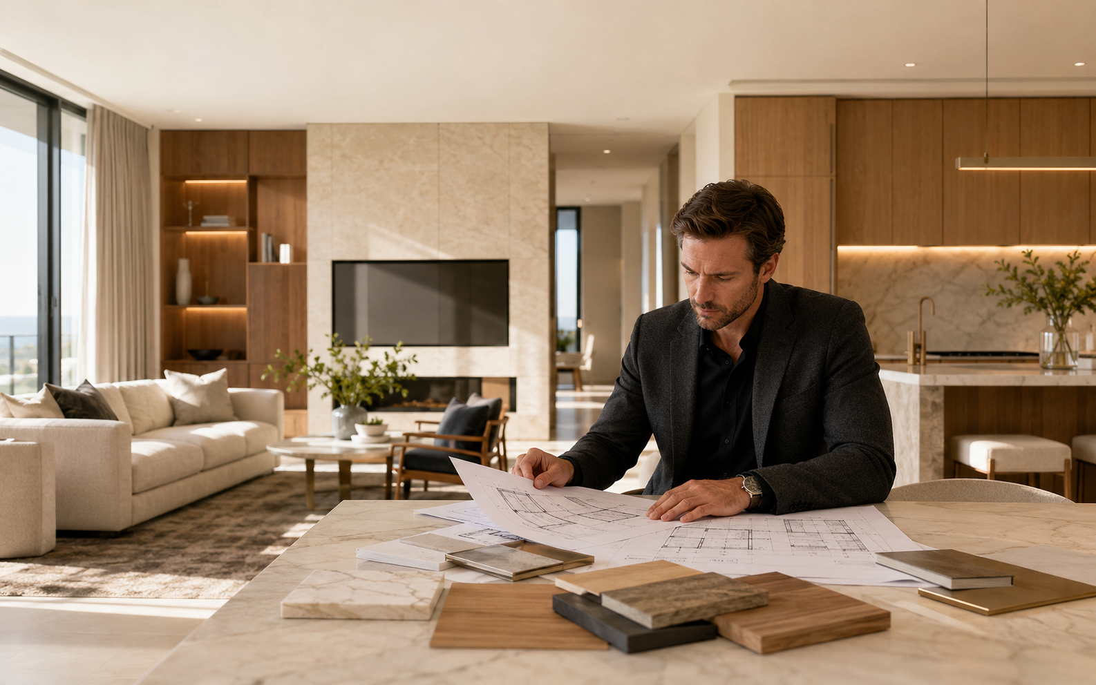 Architectural drawings and material samples laid out for project planning