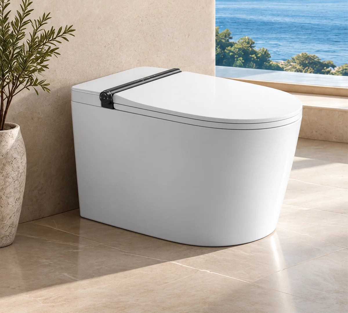 LF713 white smart toilet in a stone bathroom setting