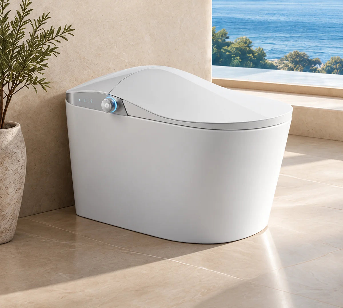 LF715 white smart toilet in a stone bathroom setting