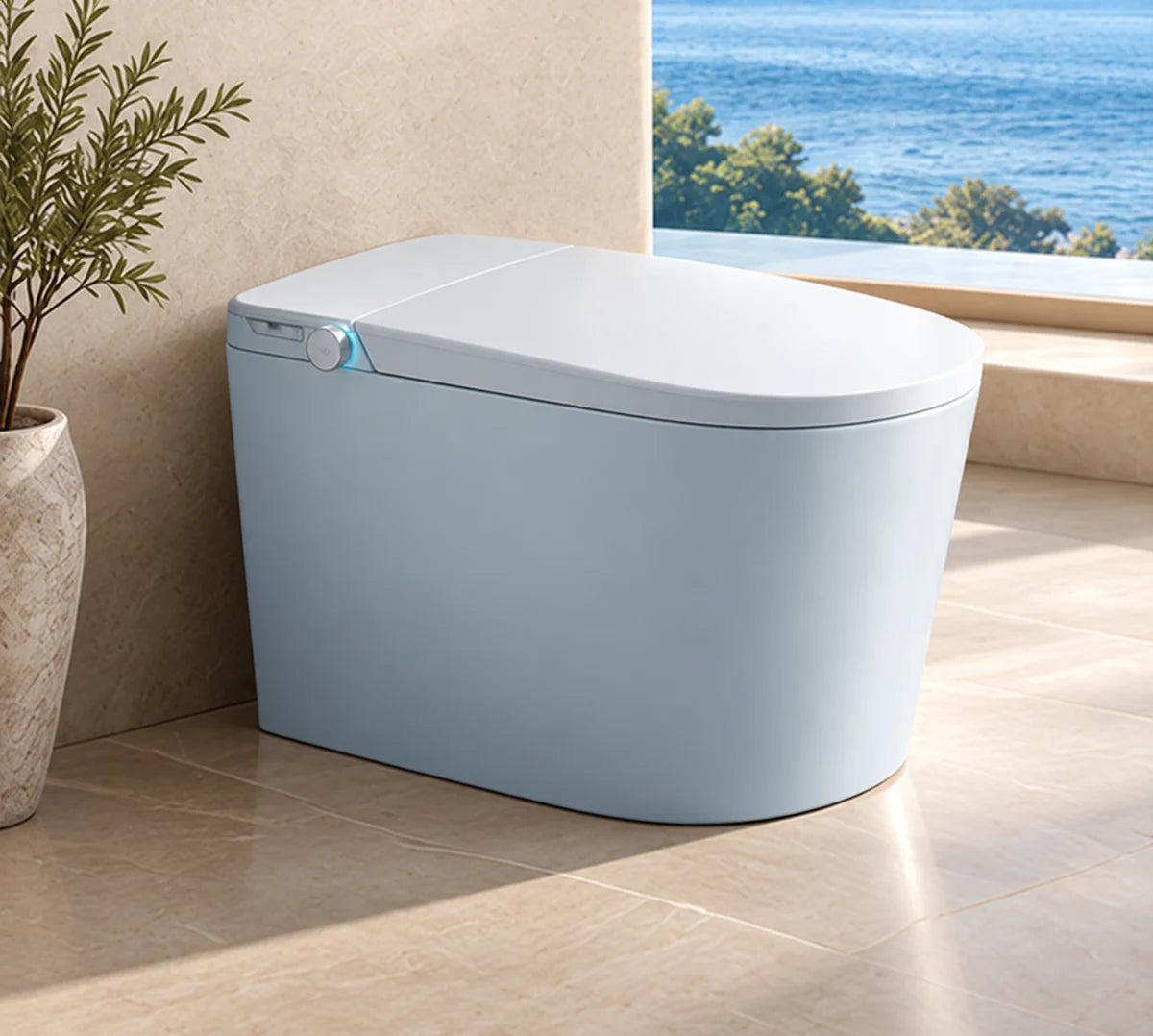 LF716 white smart toilet in a stone bathroom setting