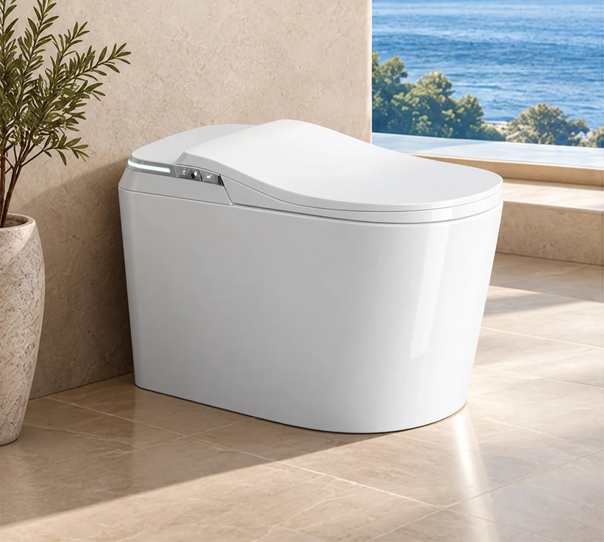 LF718 white smart toilet in a stone bathroom setting