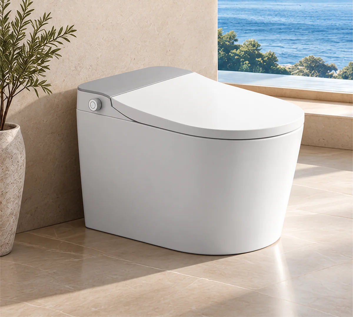 LF719 white smart toilet in a stone bathroom setting