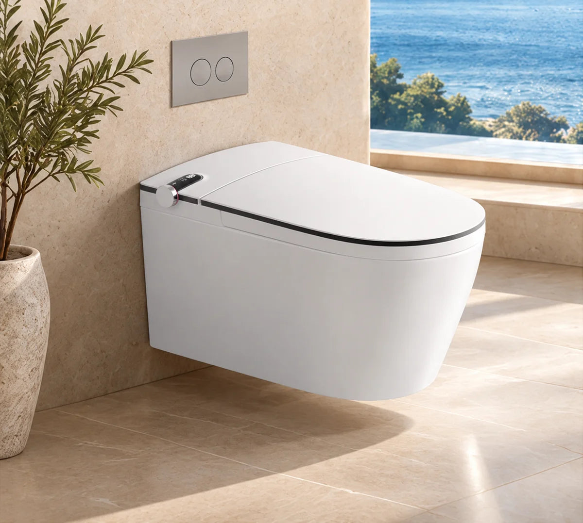 LF720J white smart toilet in a stone bathroom setting