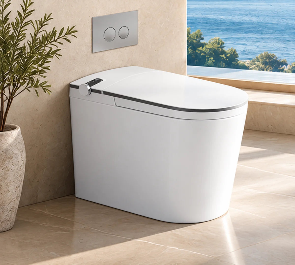 LF720K white smart toilet in a stone bathroom setting