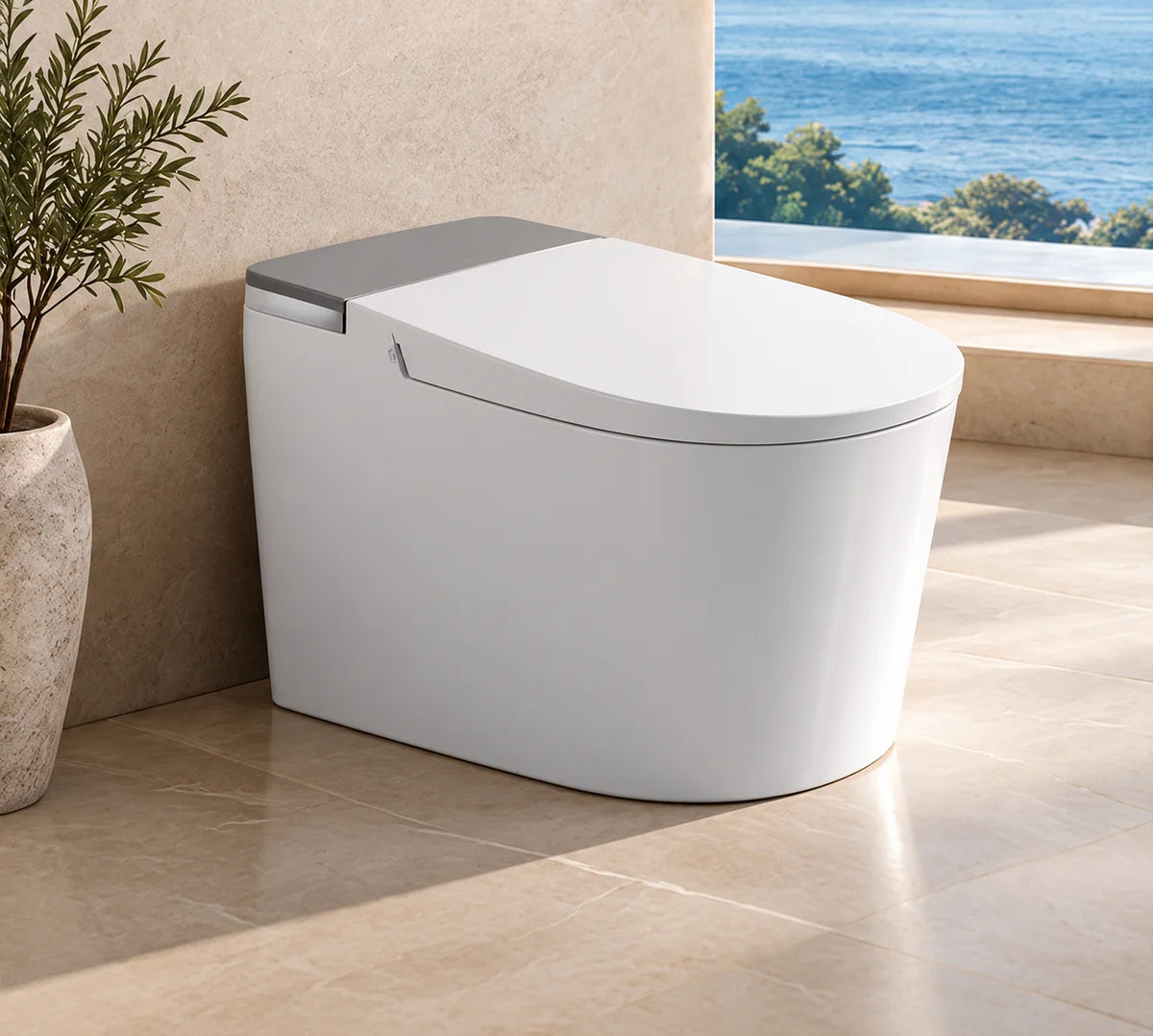 LF730 white smart toilet in a stone bathroom setting
