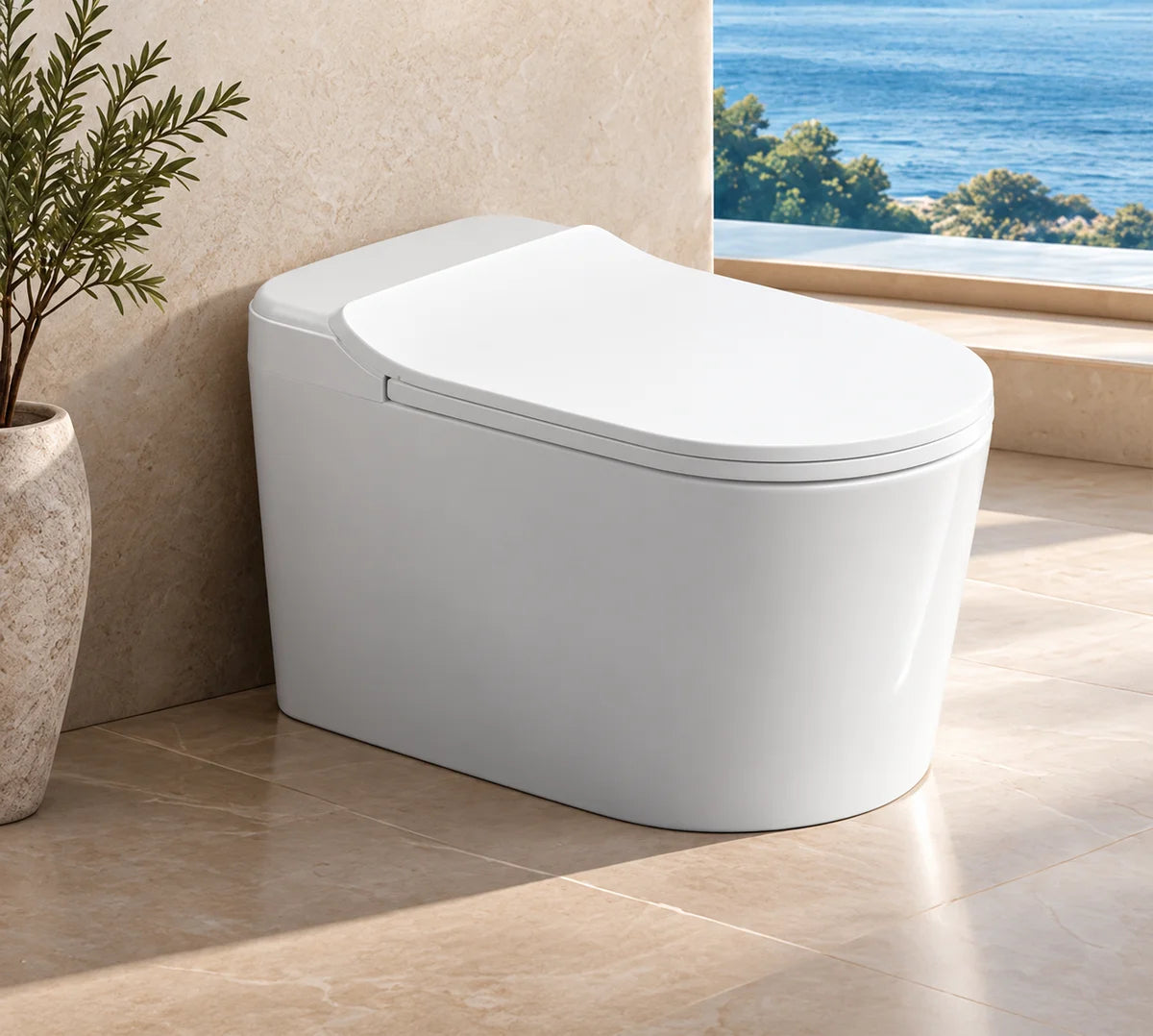 LF731 white smart toilet in a stone bathroom setting