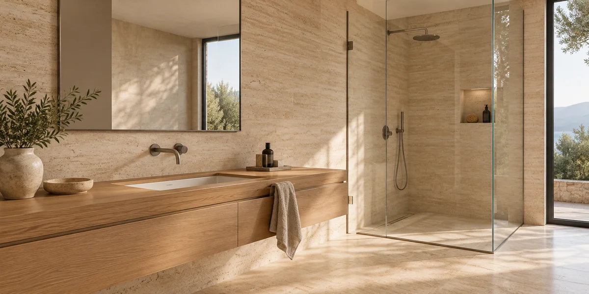 Warm stone bathroom interior with timber vanity and walk-in shower